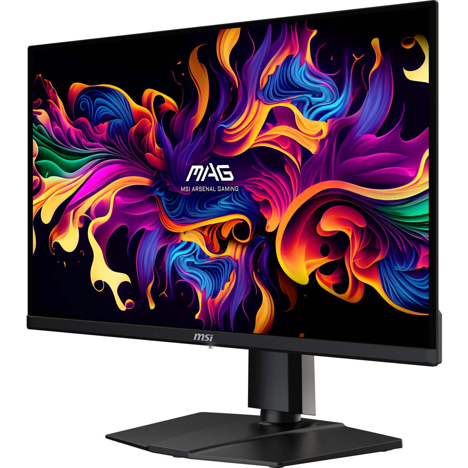 MSI-monitor toont een kleurrijk abstract ontwerp. De monitor is zwart, met een standaard. De merknaam en het logo zijn zichtbaar.