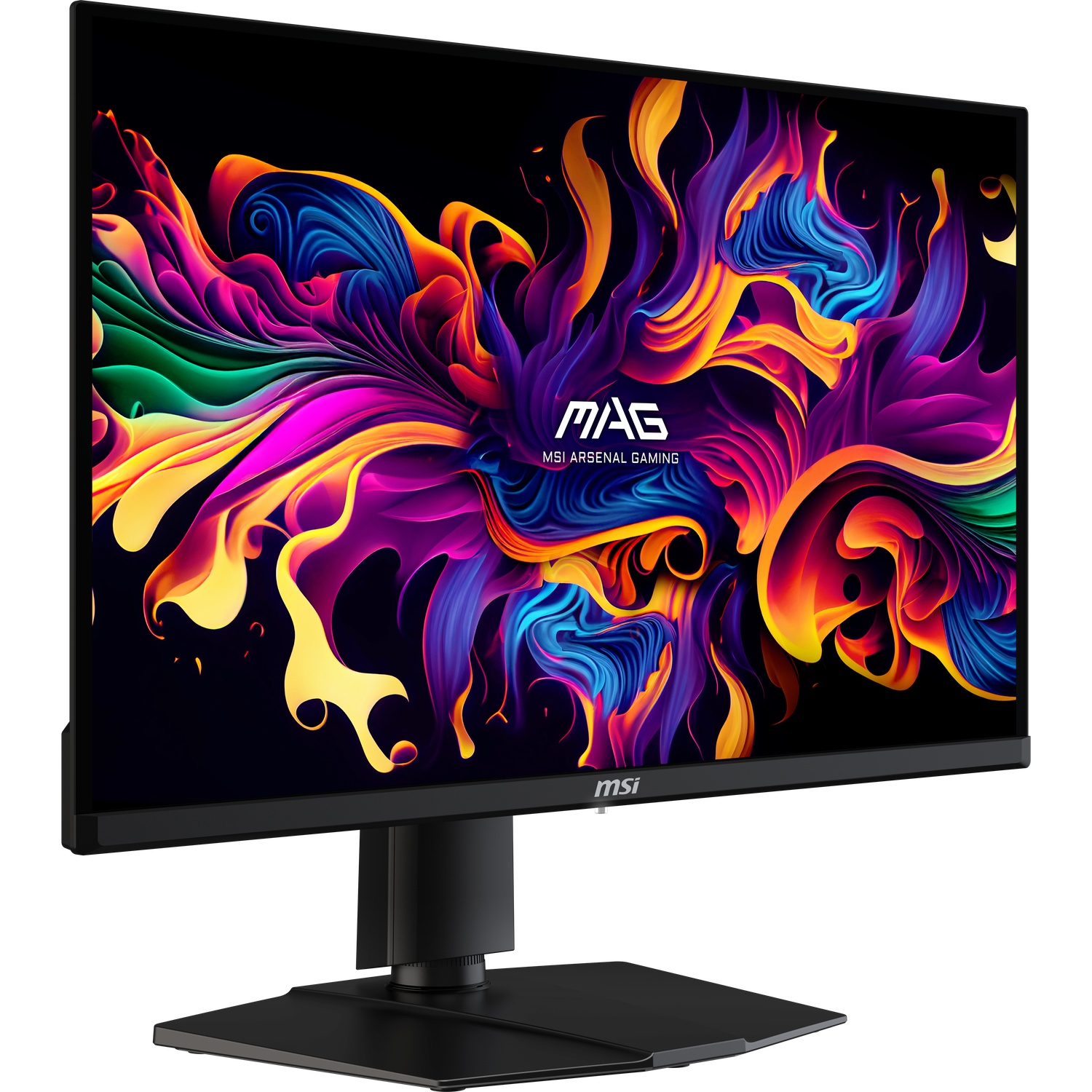 Een zwarte MSI-monitor toont een kleurrijk, abstract ontwerp. De monitor heeft een zwarte standaard en frame. De achtergrond is wit.
