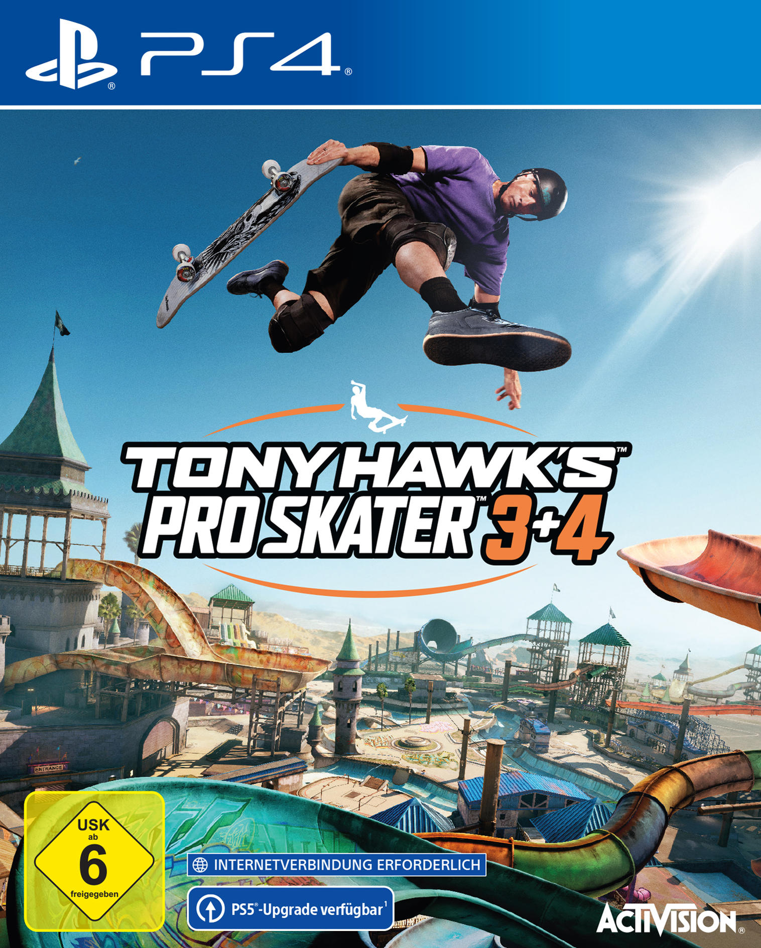 Cover für Tony Hawk's Pro Skater 3+4. Skateboarder in der Luft über einem Skatepark. Enthält das PS4-Logo und das Activision-Logo.