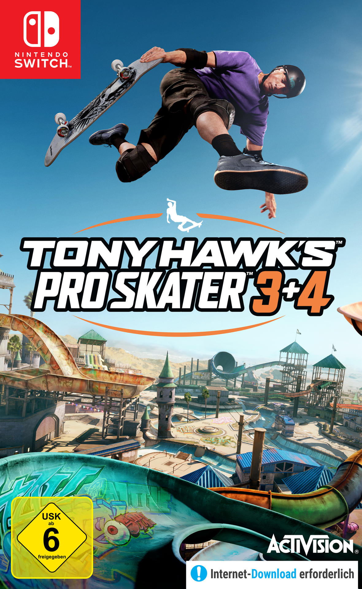 Cover-Art für Tony Hawk's Pro Skater 3+4. Ein Skater springt mit Board. Im Hintergrund ein Skatepark. Nintendo Switch-Logo sichtbar.