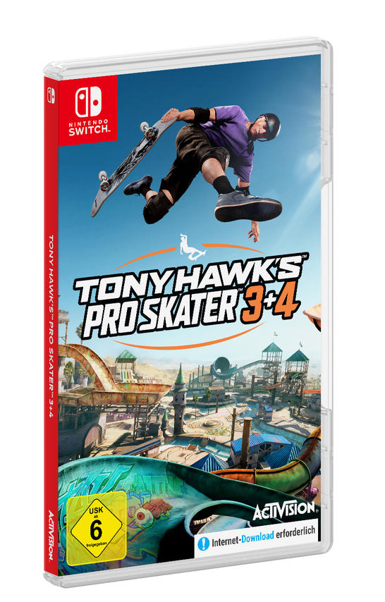 Ein Nintendo Switch-Spielcase zeigt einen Skater in der Luft. Das Spiel ist Tony Hawk's Pro Skater 3+4. Der Hintergrund ist ein Skatepark.