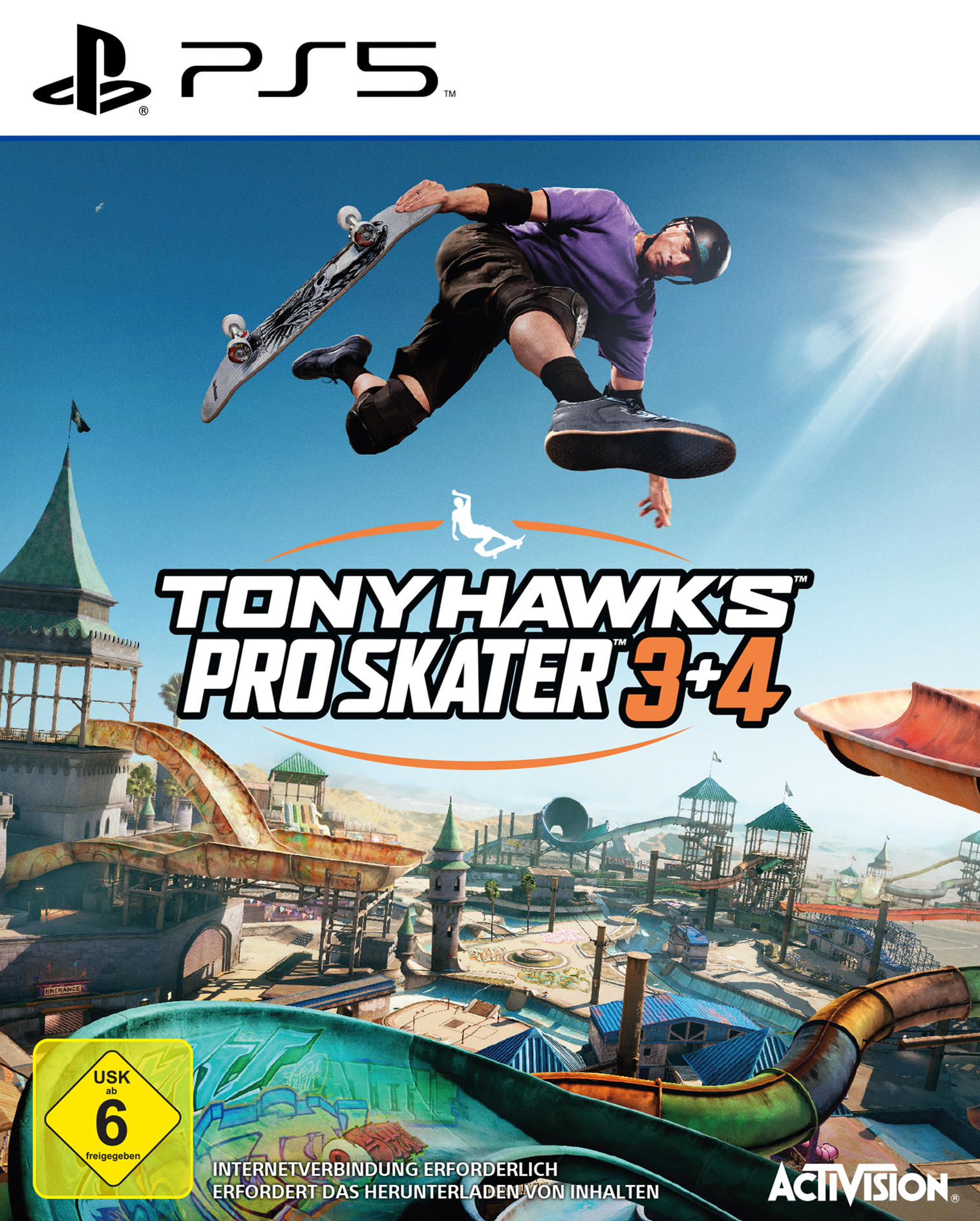 Cover für Tony Hawk's Pro Skater 3+4. Ein Skater in der Luft über einem Skatepark. PS5-Logo oben.