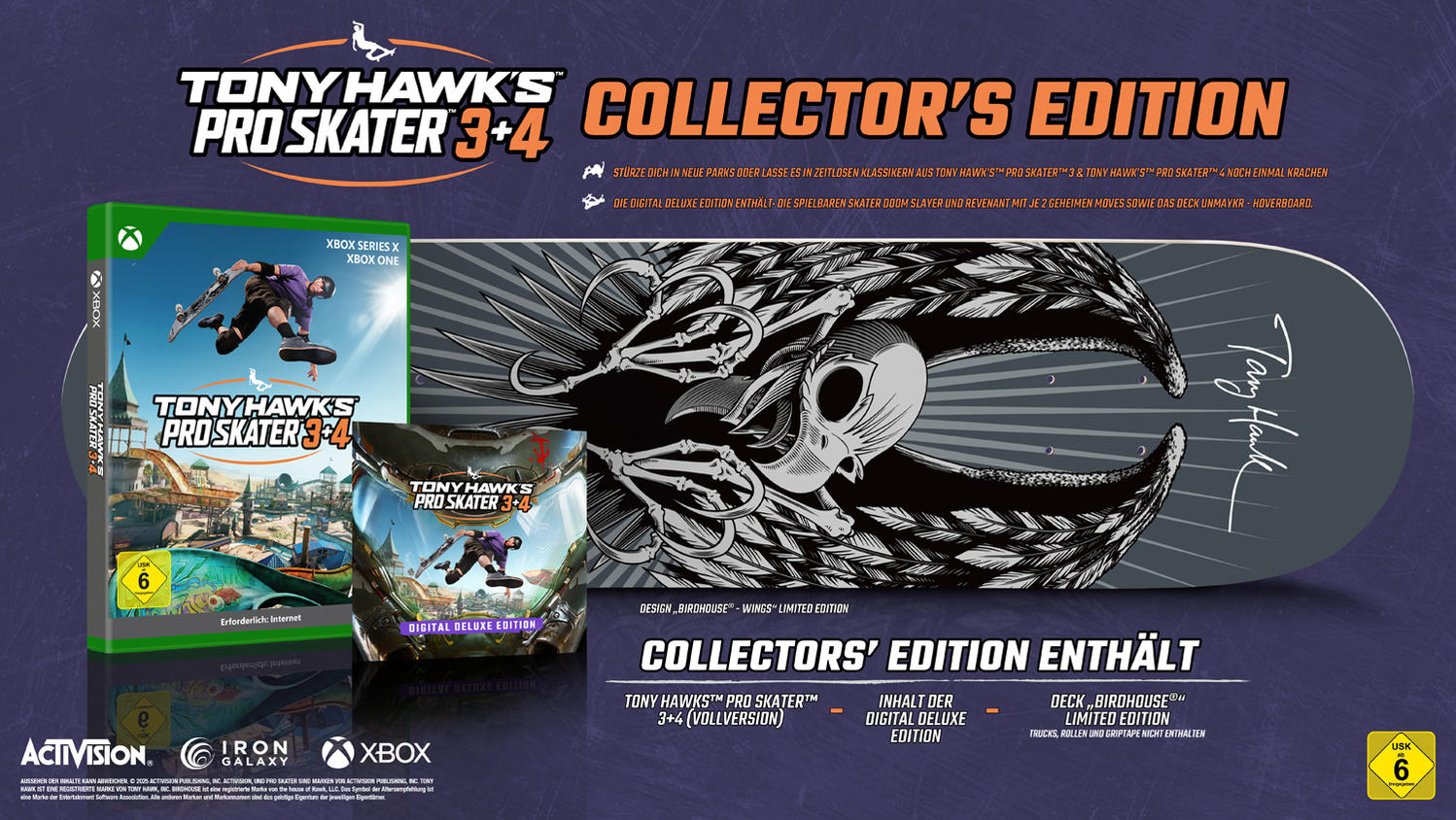 Collector's Edition von Tony Hawk's Pro Skater 3+4. Enthält Spiel, digitale Deluxe-Inhalte und Birdhouse-Deck.