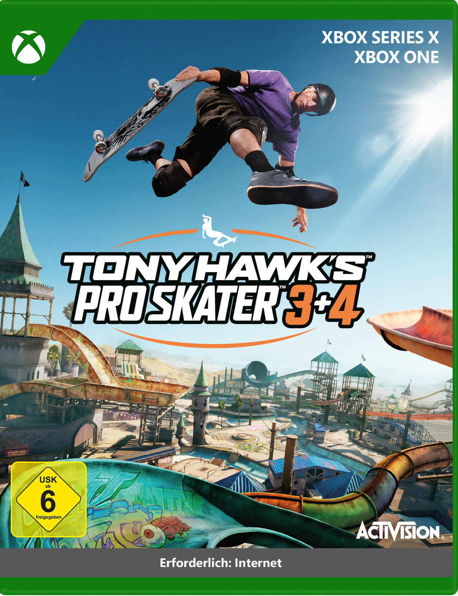 Spielcover von Tony Hawk's Pro Skater 3+4. Ein Skater macht einen Trick. Skaterpark im Hintergrund. Xbox-Logo oben.