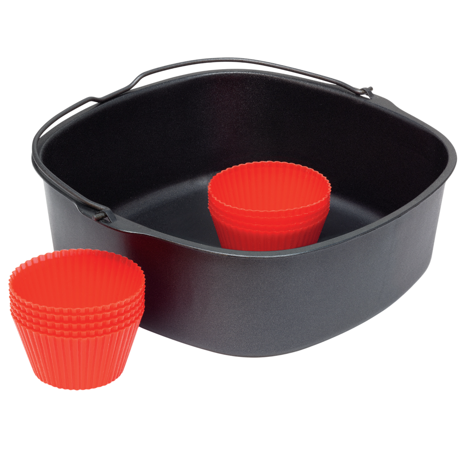 A black air fryer basket contains two sets of red silicone muffin cups. One set is inside the basket and one is outside.