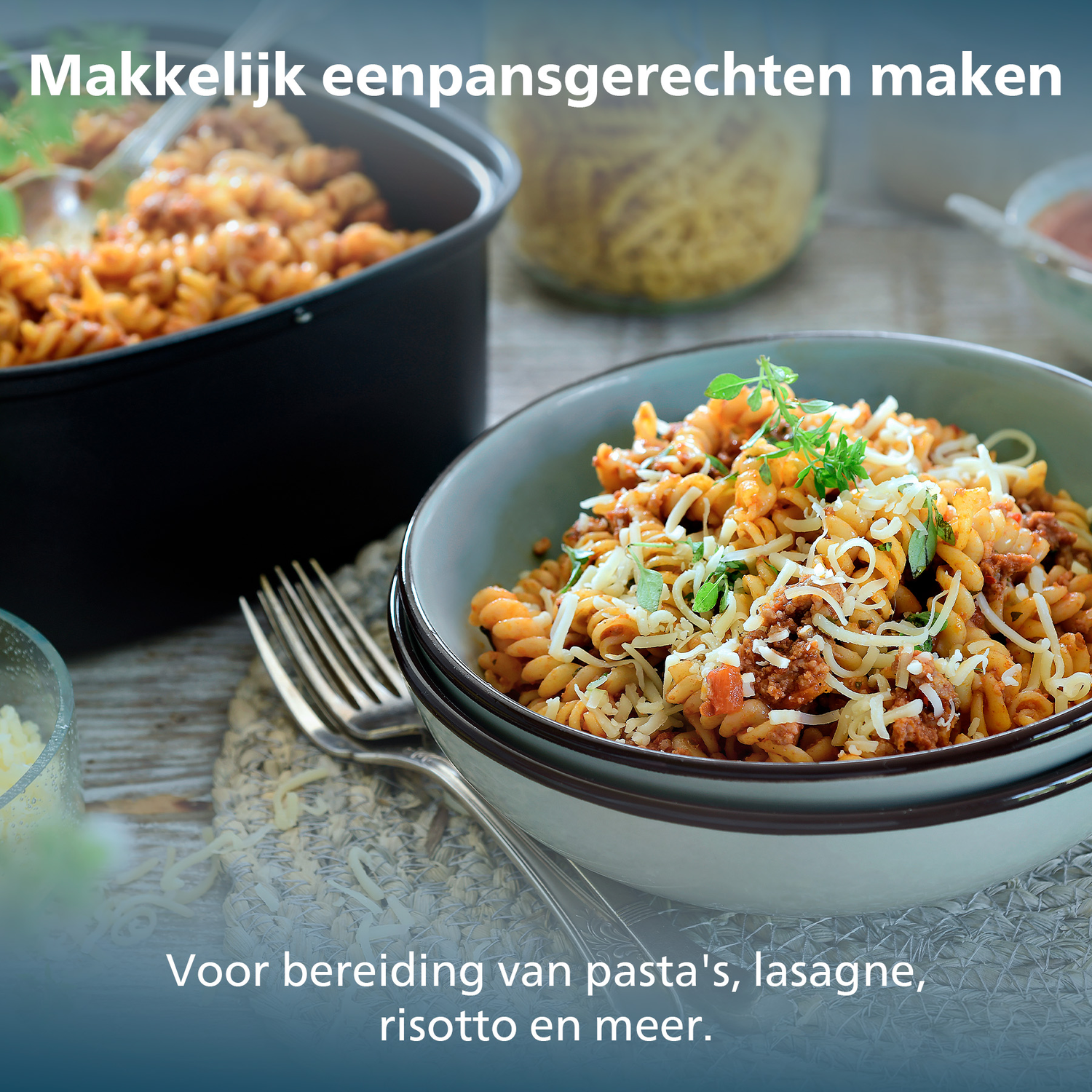 Pasta dish in a bowl, grated cheese, herbs, and pasta in a pan. Text says: Easy one-pan dishes. For pasta, lasagna, risotto, and more.