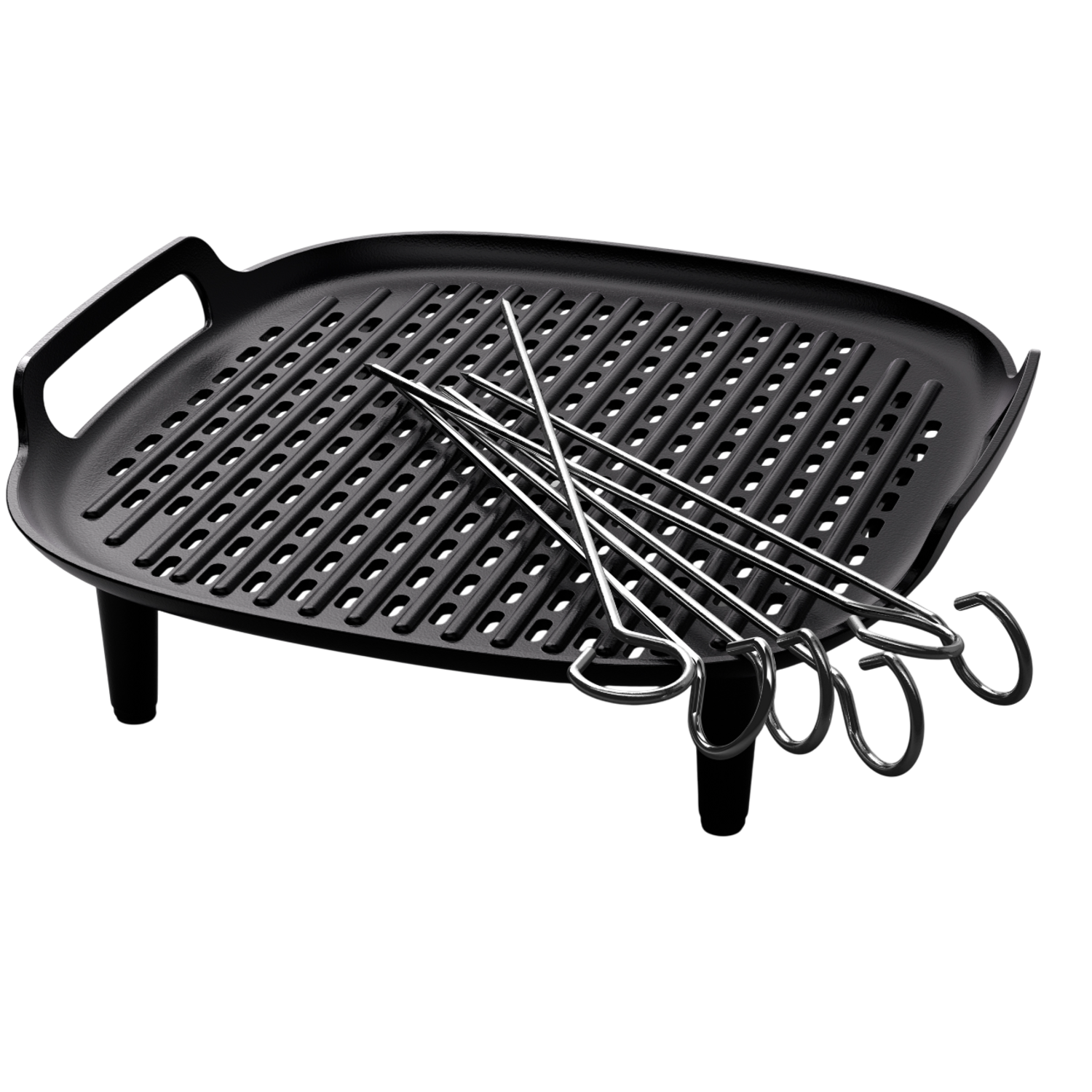 Une poêle à griller noire avec des brochettes en métal sur fond noir. La poêle a une poignée et des rainures surélevées. Les brochettes sont argentées.