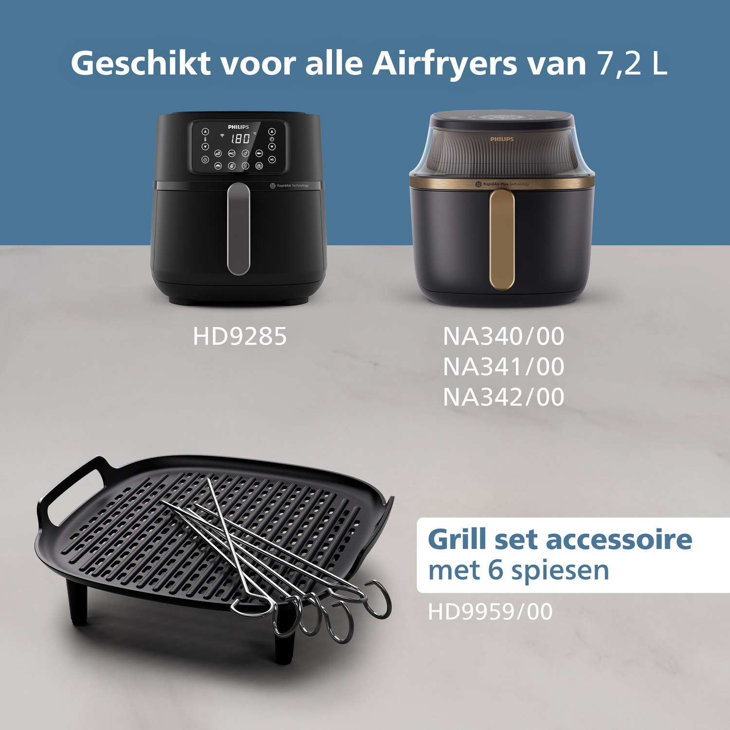 Une publicité montre des friteuses à air et des accessoires de grill. Les noms de produits et les numéros de modèle sont affichés, soulignant la compatibilité.