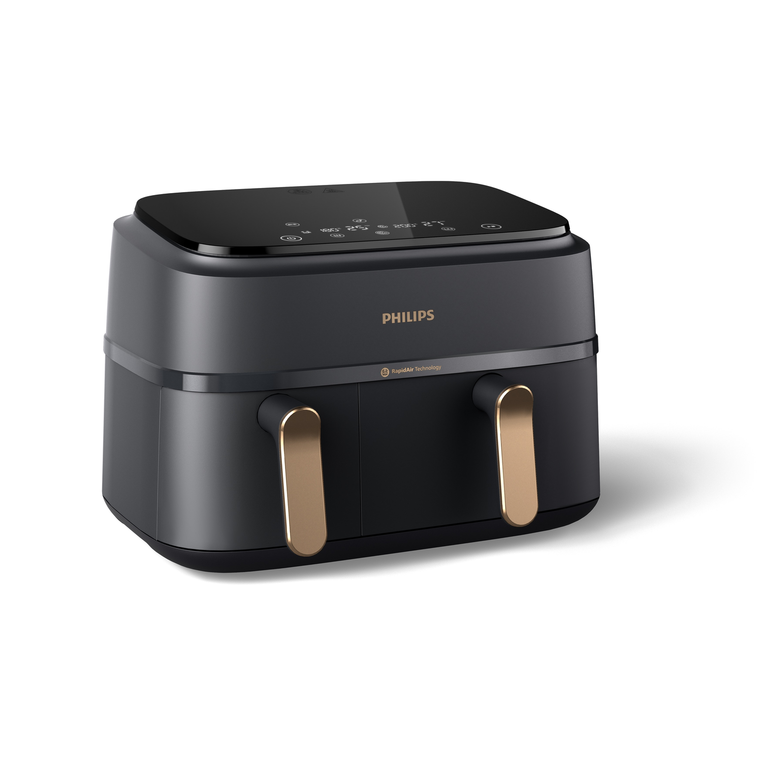 Black Philips air fryer with gold handles. It has a digital display on top and is set against a white background.