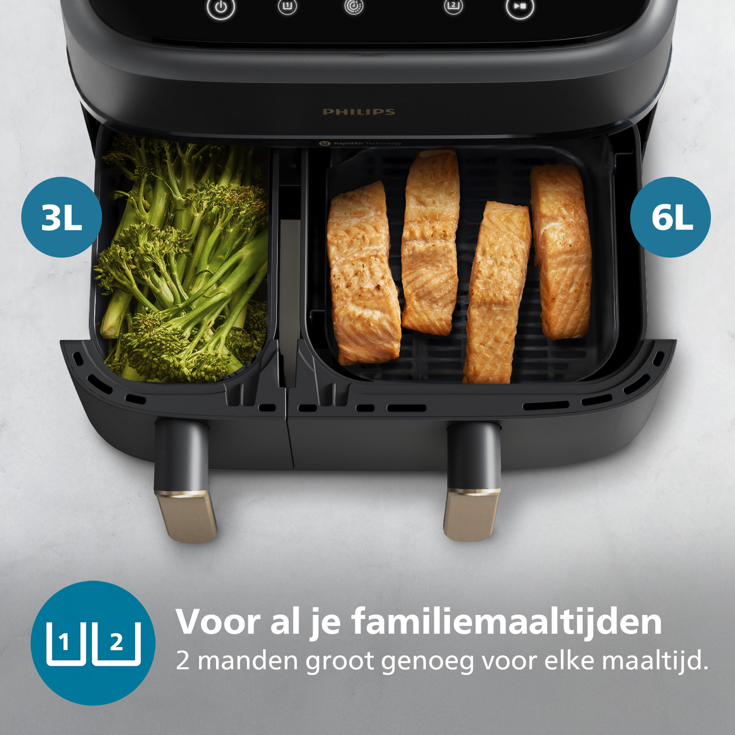 Black Philips air fryer with broccoli in one basket and salmon in the other. Text shows 3L and 6L capacity.