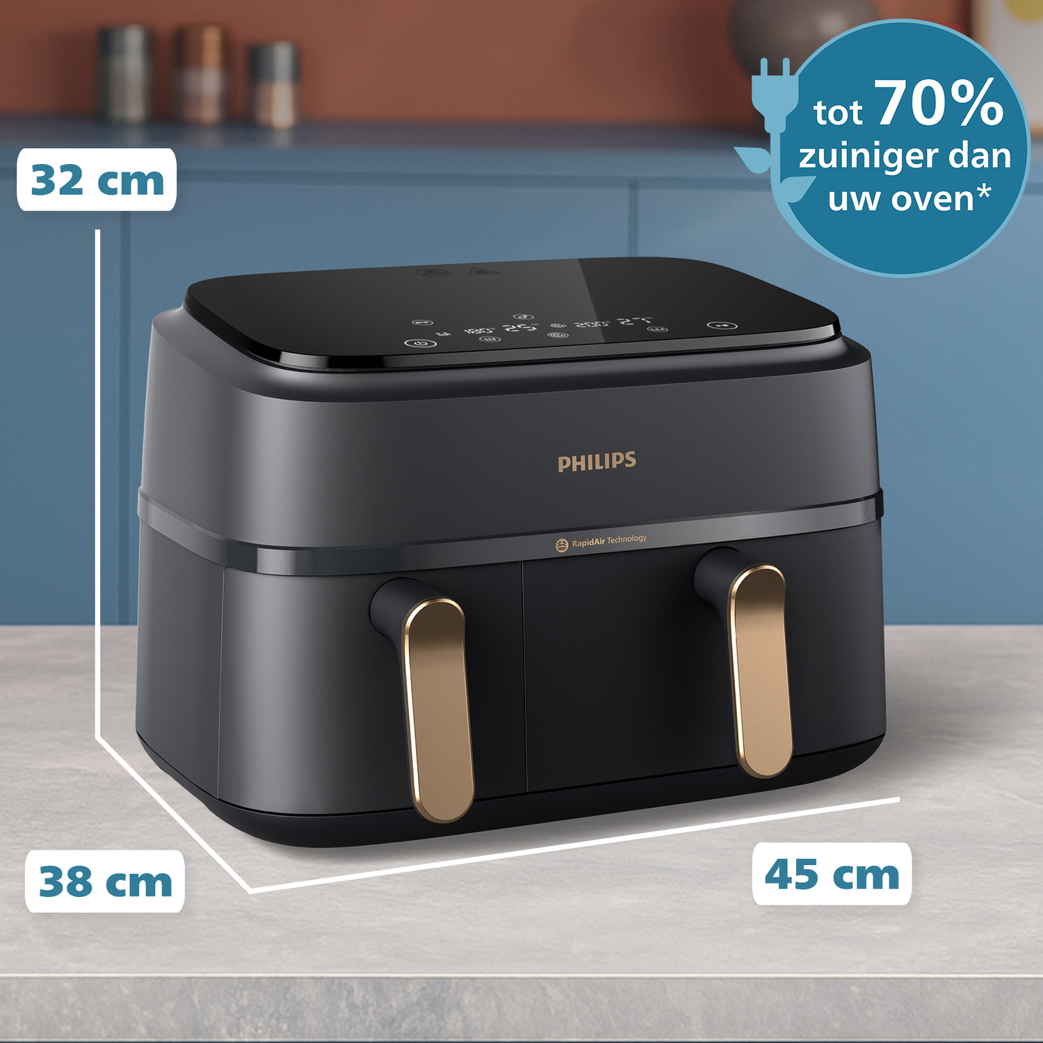 Black Philips air fryer with gold handles. Text: up to 70% more energy efficient. Dimensions: 32x38x45 cm.