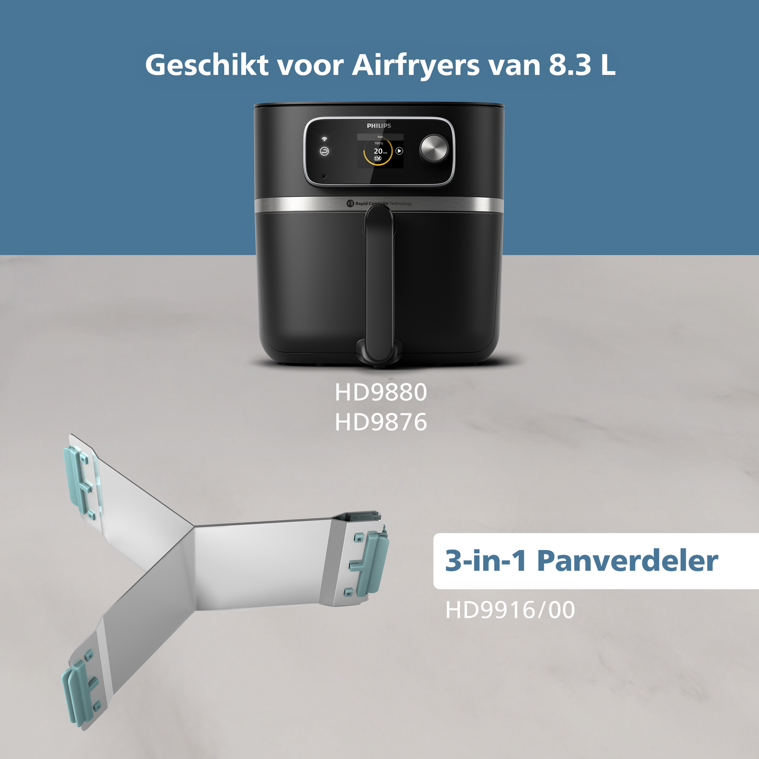 A black Philips air fryer with a digital display, below it a white 3-in-1 pan divider. Text: Geschikt voor Airfryers van 8.3 L.