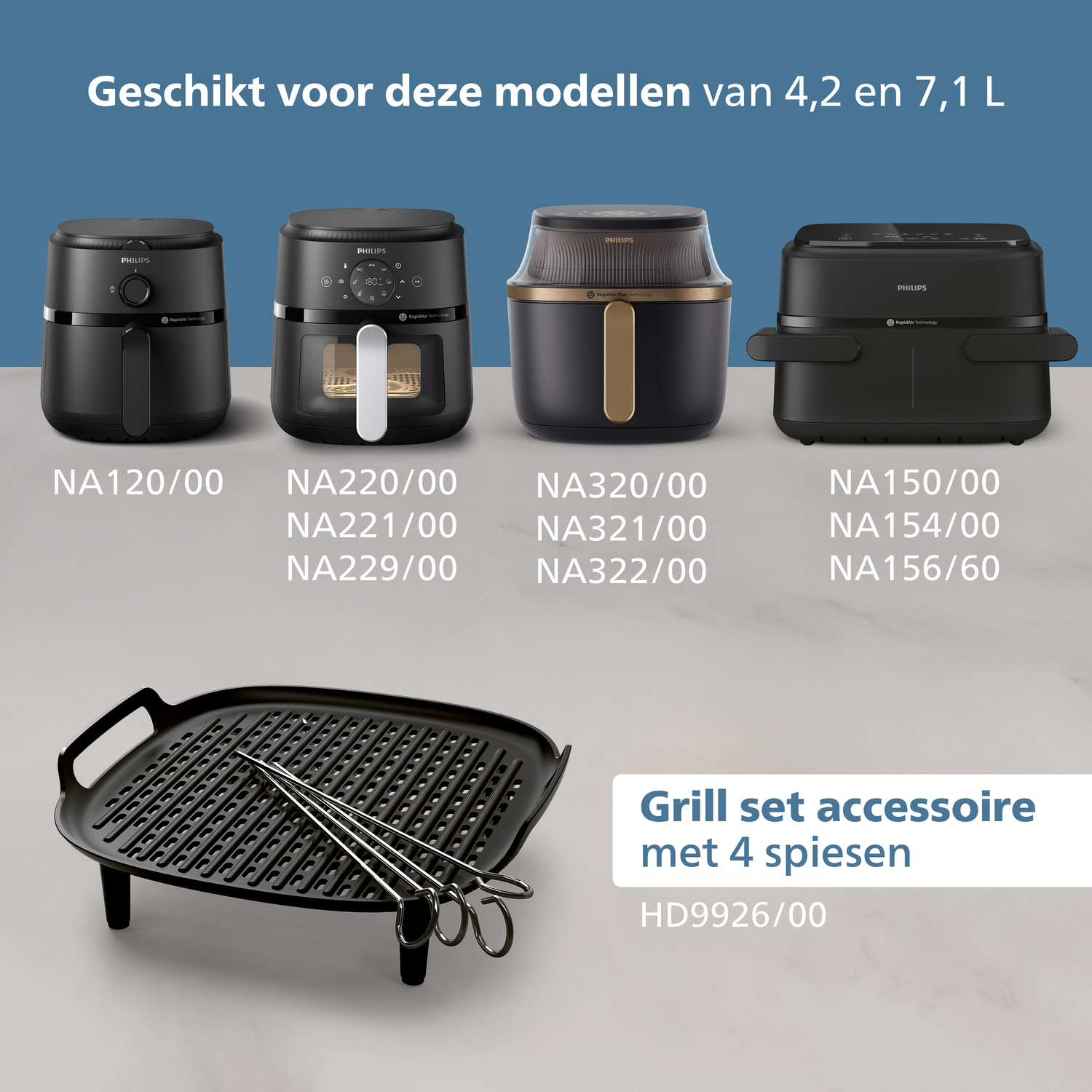 Afbeelding toont vier Philips airfryers en een grillset met vier spiesen. Tekst geeft modellen en accessoires aan.