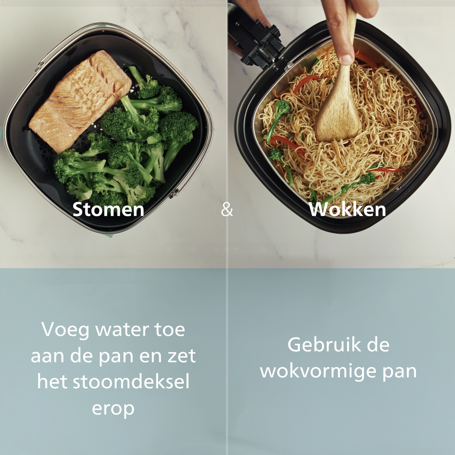 Afbeelding toont stomen en wokken. Zalm en broccoli worden gestoomd. Noedels worden gewokt met groenten. Instructies worden ook getoond.