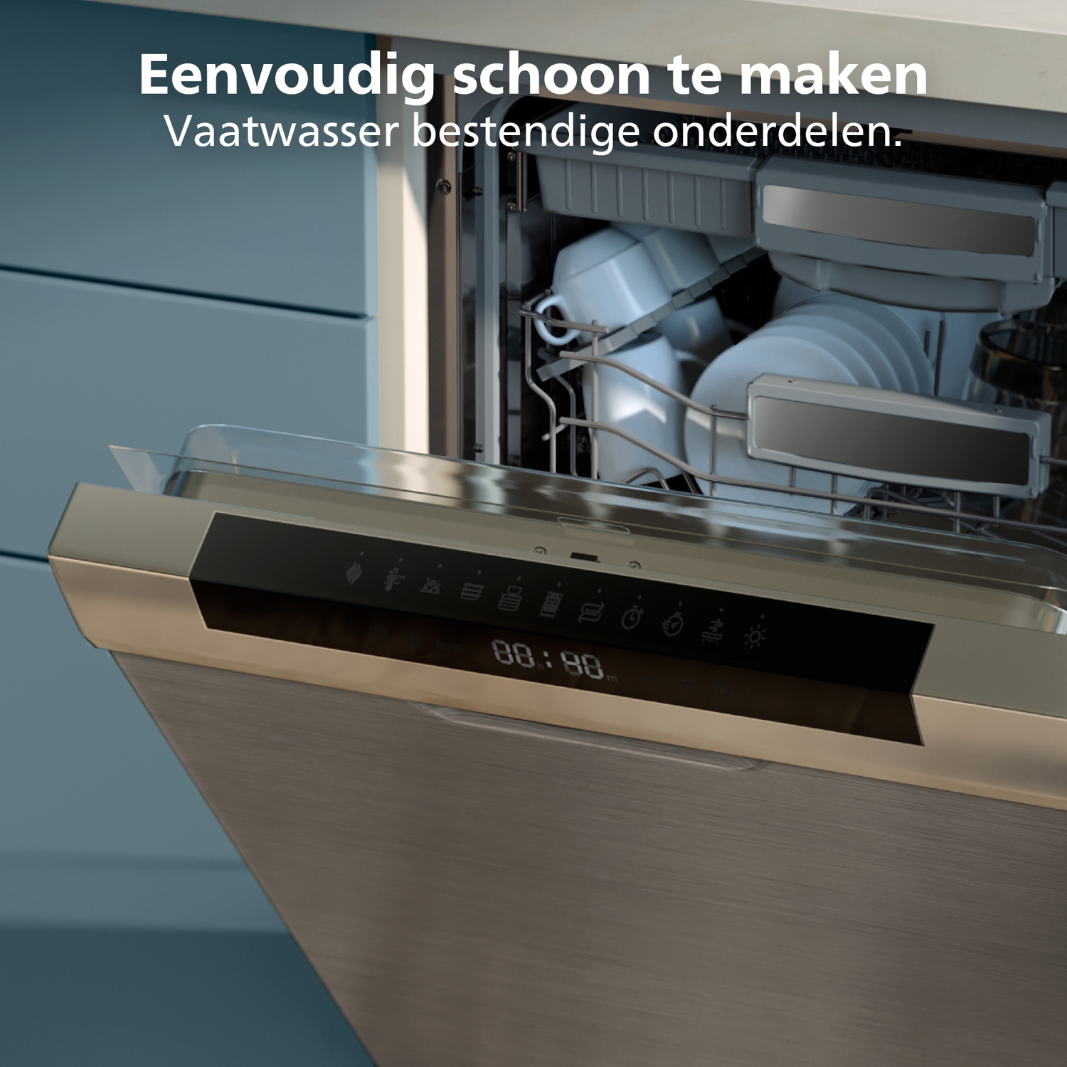 Vaatwasser, open deur met schone vaat. Display toont tijd. Tekst bovenaan: "Gemakkelijk schoon te maken vaatwasserbestendige onderdelen".