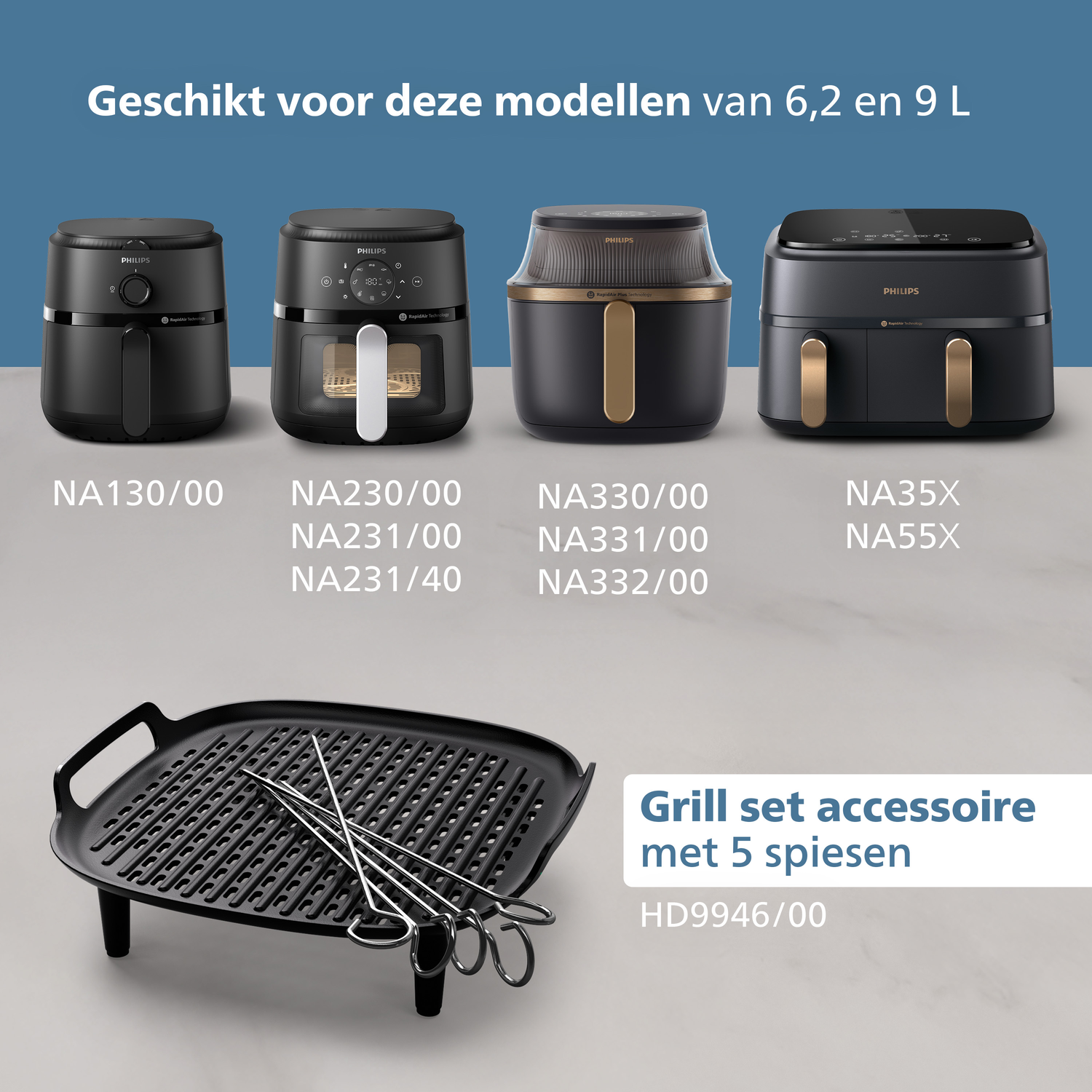 Afbeelding toont vier Philips airfryers en een grillset met spiesen. Elk airfryer model is genummerd. Tekst in het Nederlands.