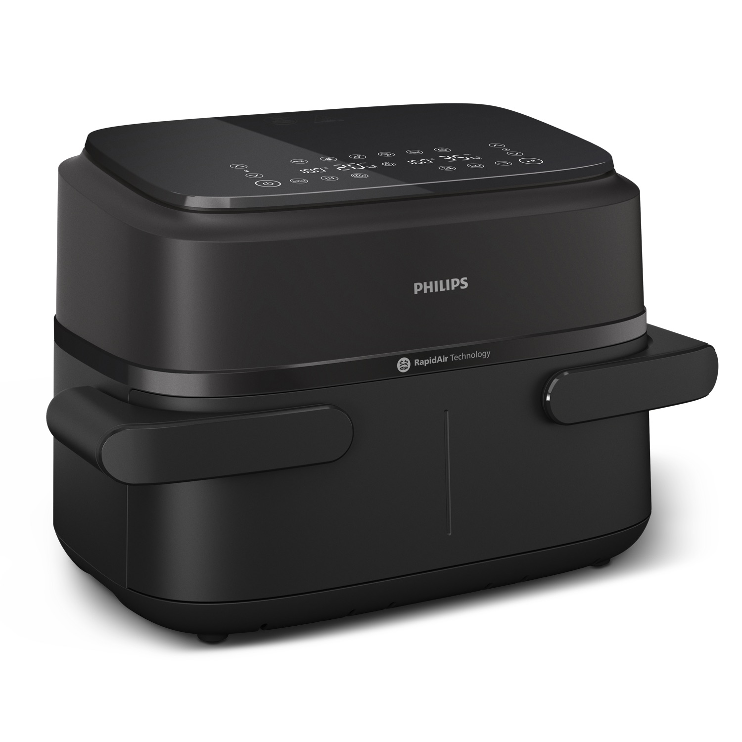 Black Philips air fryer. It has a digital display on top. Handles are on the sides. Rapid Air Technology label is present.