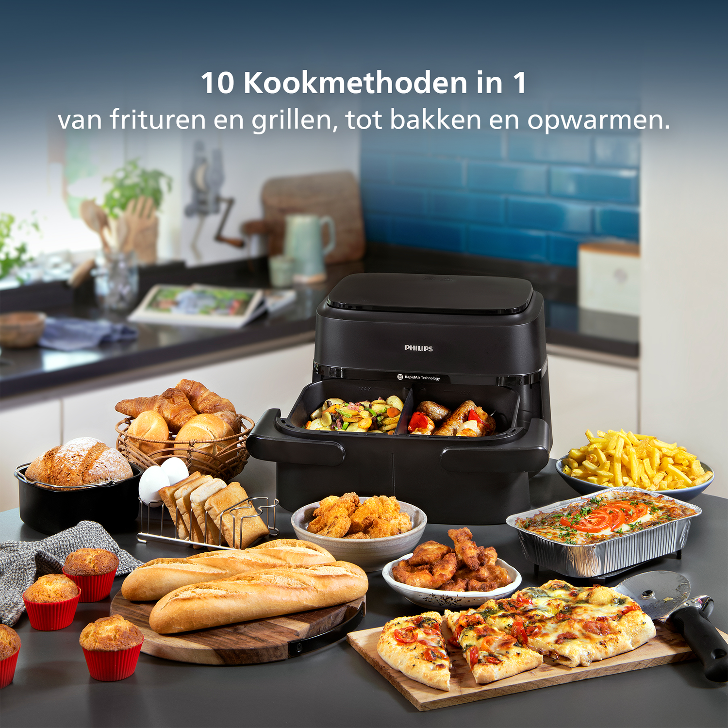 Een airfryer met diverse gerechten als pizza, friet, brood en muffins. Tekst: '10 kookmethoden in 1'.