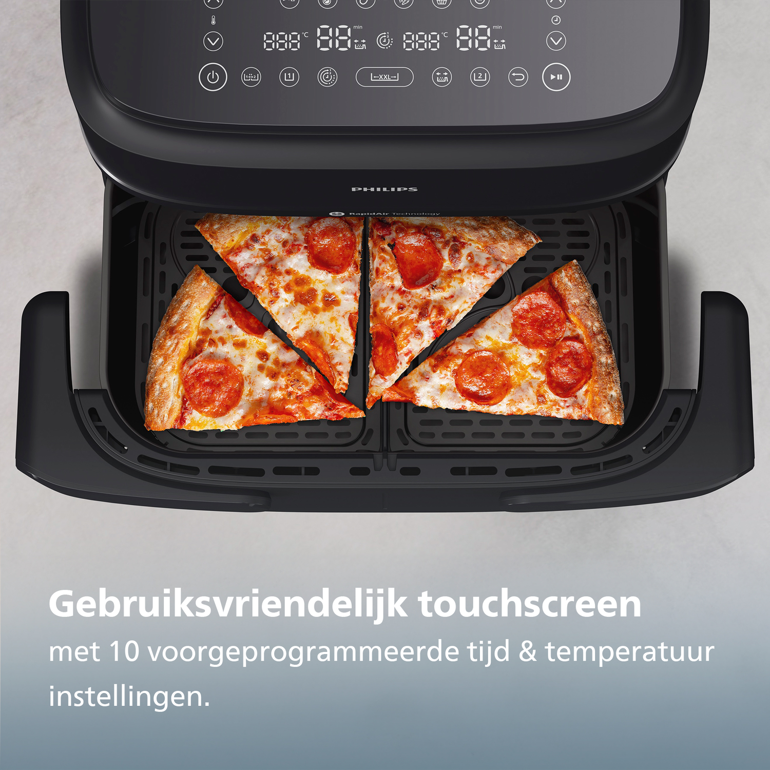 Een airfryer met vier pizzapunten erin. De friteuse heeft een digitaal display. Onderaan staat "Gebruiksvriendelijk touchscreen".