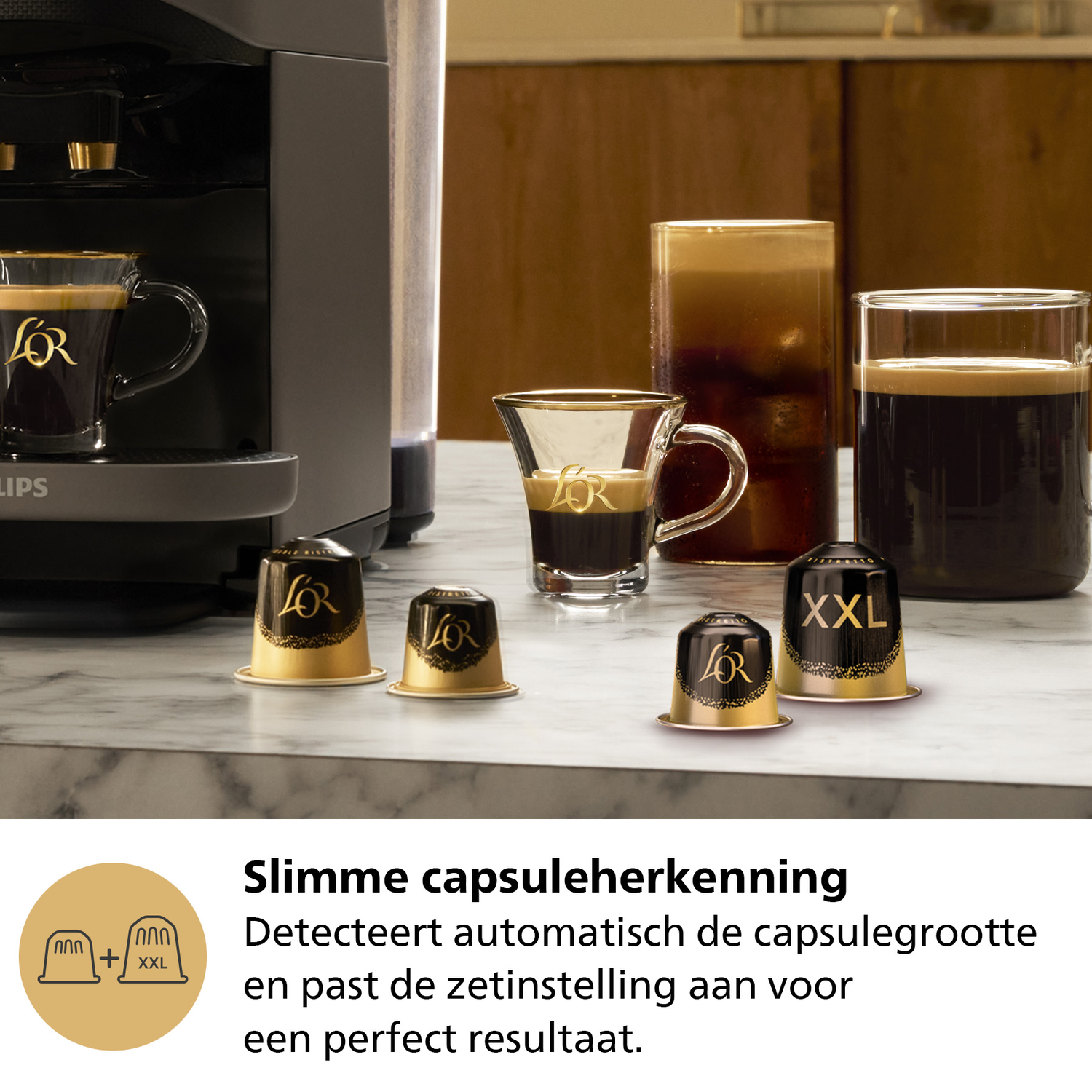 Coffee machine with coffee in glass cups and capsules on a marble surface. Background shows more coffee and wooden paneling.