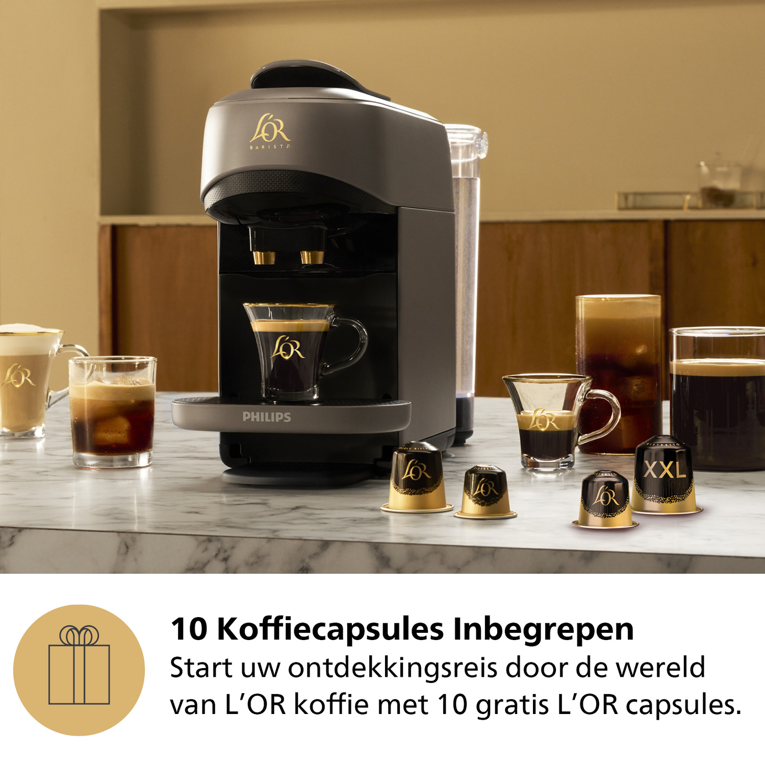 Coffee machine with coffee cups. Capsules in front. Text: 10 coffee capsules included. Start your discovery journey of L'OR coffee.