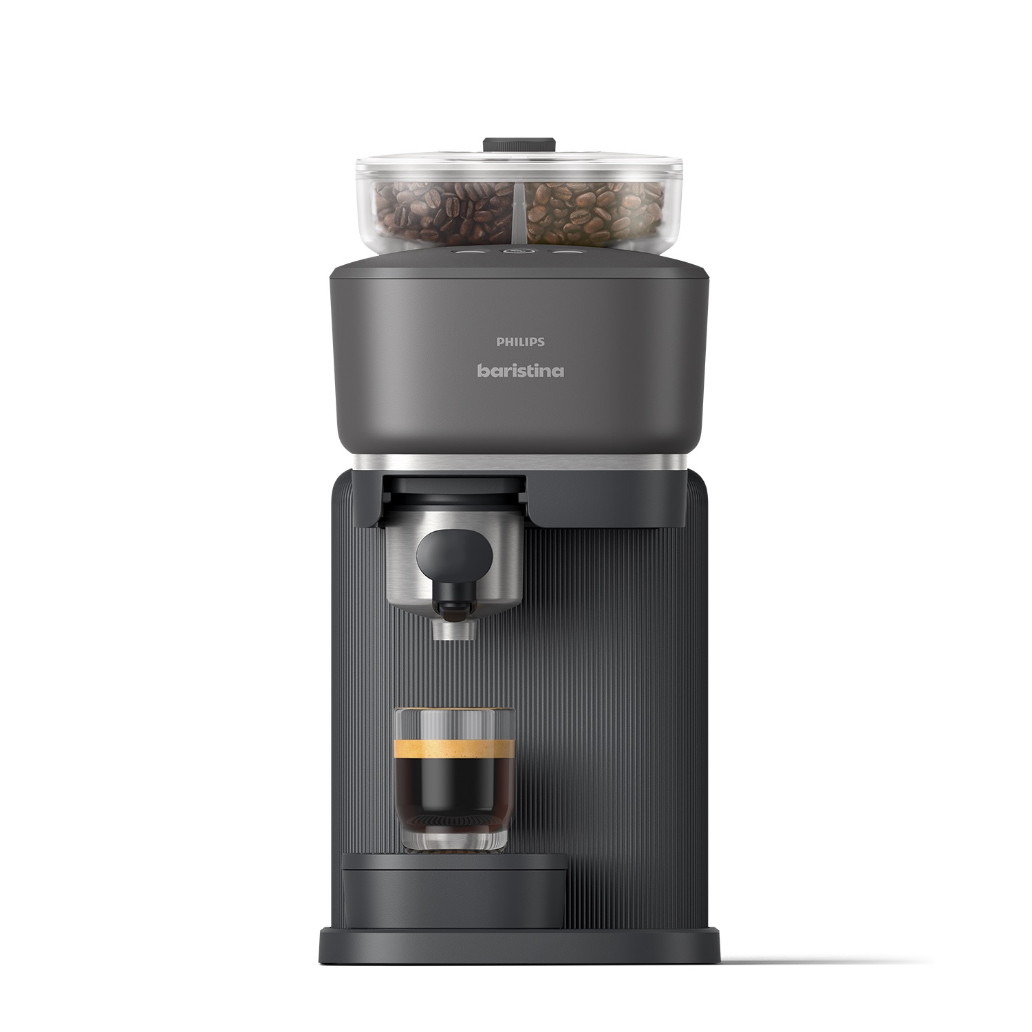A dark gray Philips Baristina espresso machine. It has a clear bean container, a portafilter, and a glass with coffee.