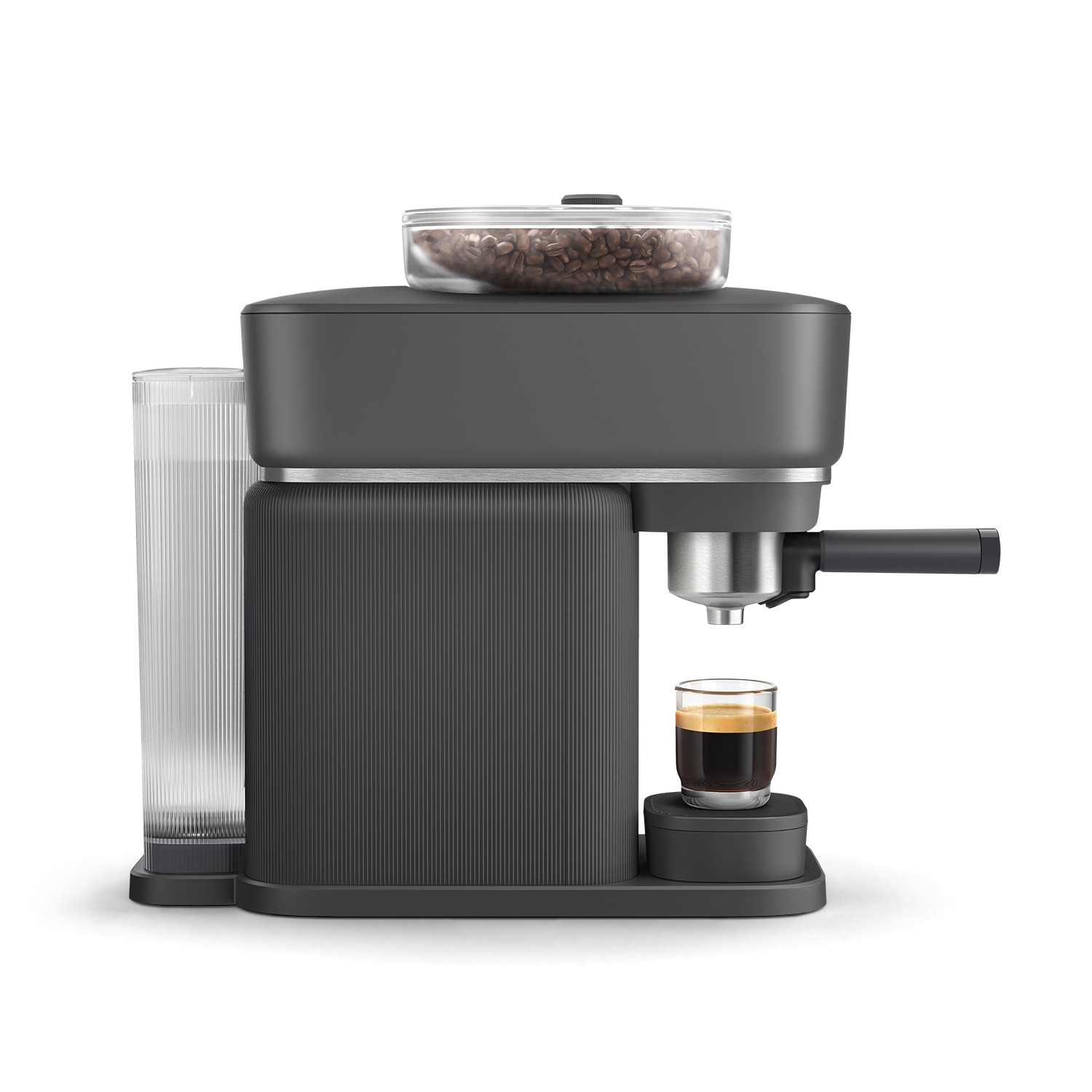 A modern espresso machine with a coffee bean container, water tank, and a shot of espresso in a glass.