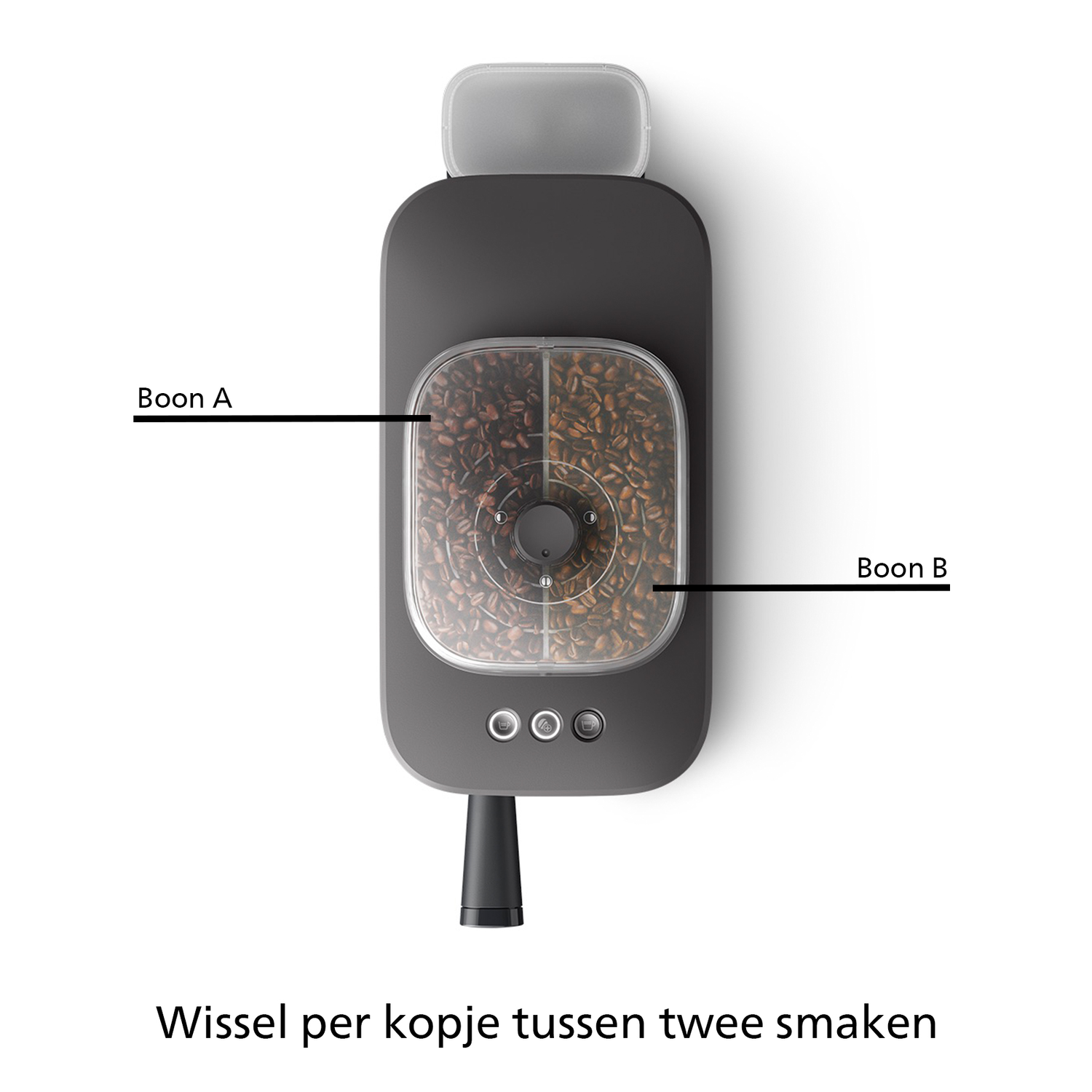 Coffee machine with two compartments. Labeled Boon A and Boon B. The text below says: Switch between two flavors per cup.