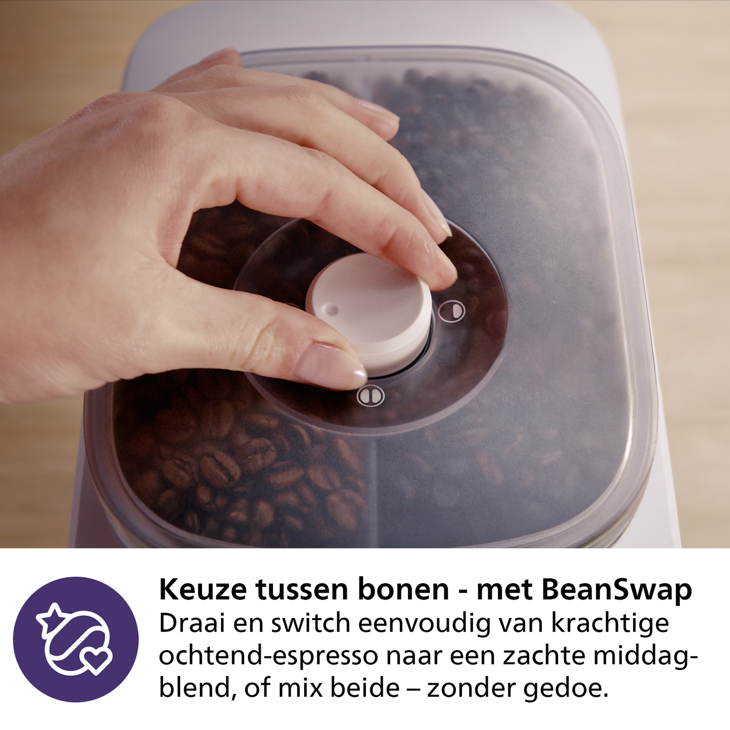 A hand turns a dial on a coffee bean container. Inside are coffee beans. Text says 'BeanSwap'.