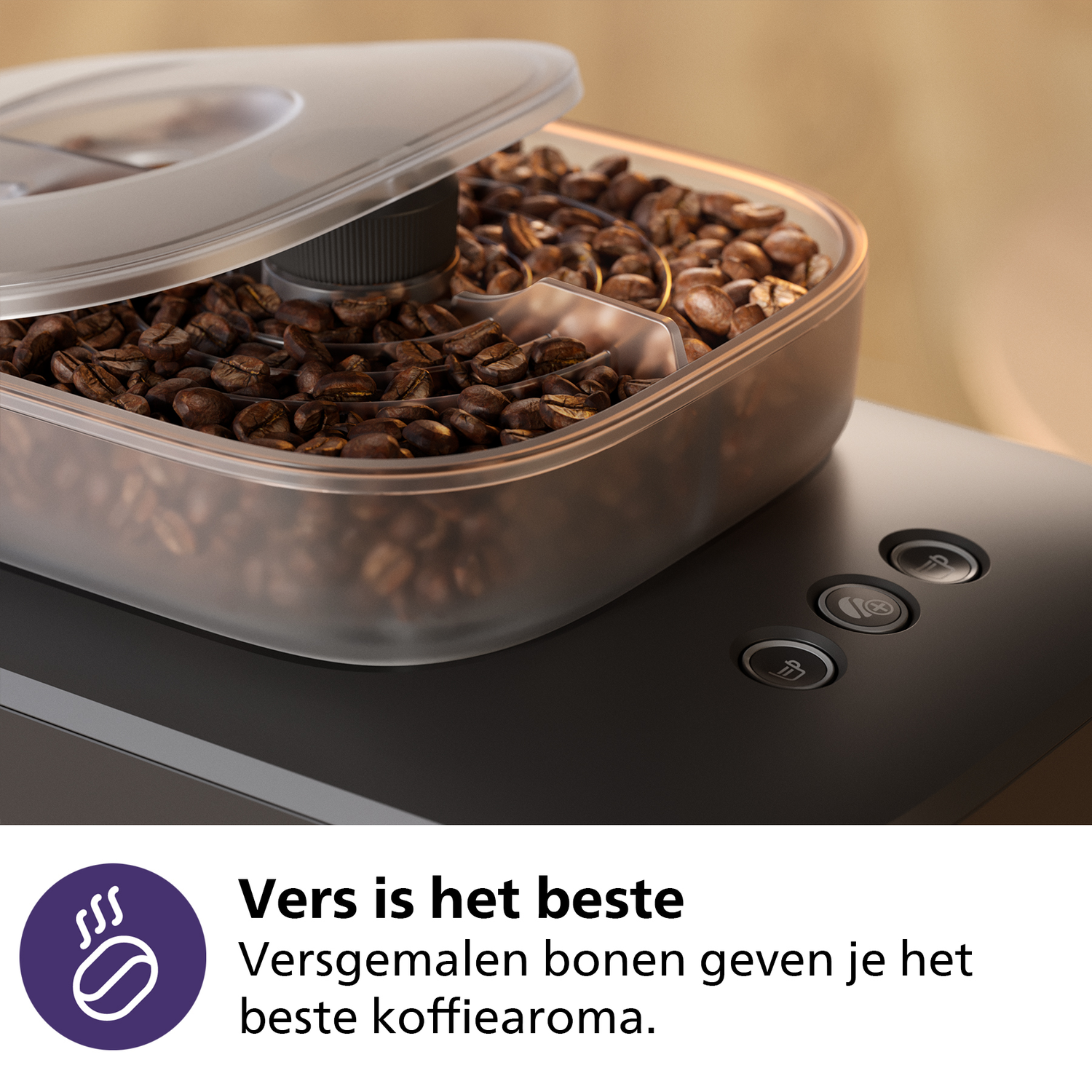 Coffee beans in a transparent container on a coffee machine. The container is open. Buttons are visible on the machine.