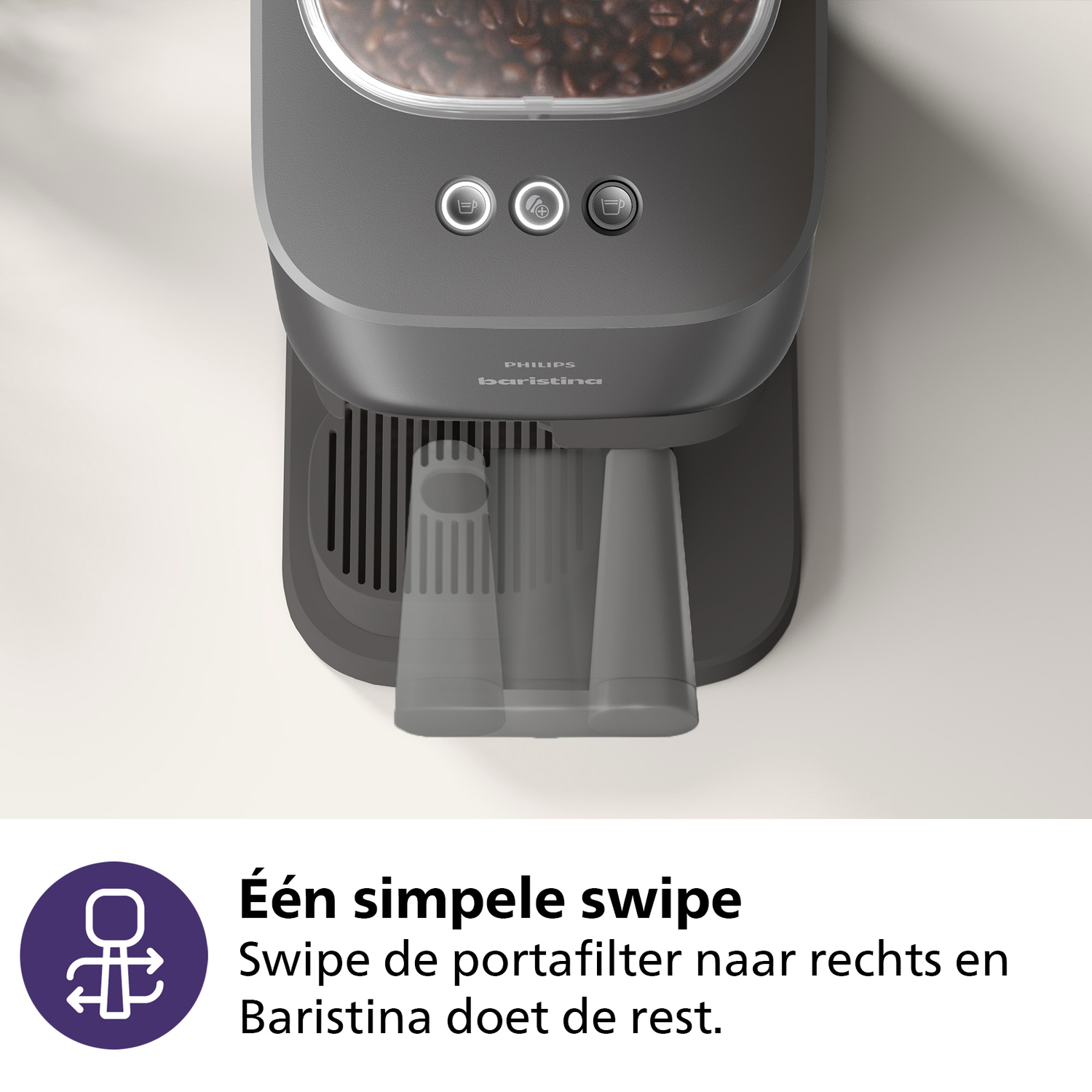 A gray Philips Baristina coffee machine. It has coffee beans visible inside a transparent container. There are buttons and a portafilter.