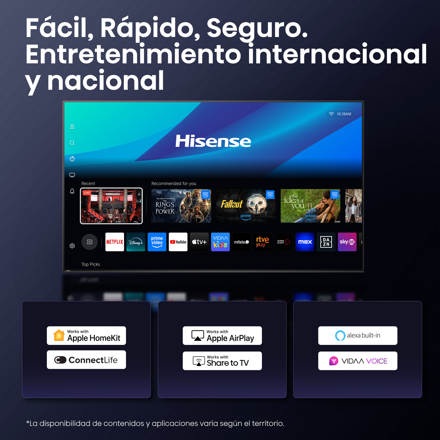 TV Hisense muestra apps de streaming. Texto arriba dice: 'Fácil, Rápido, Seguro. Entretenimiento internacional y nacional'.