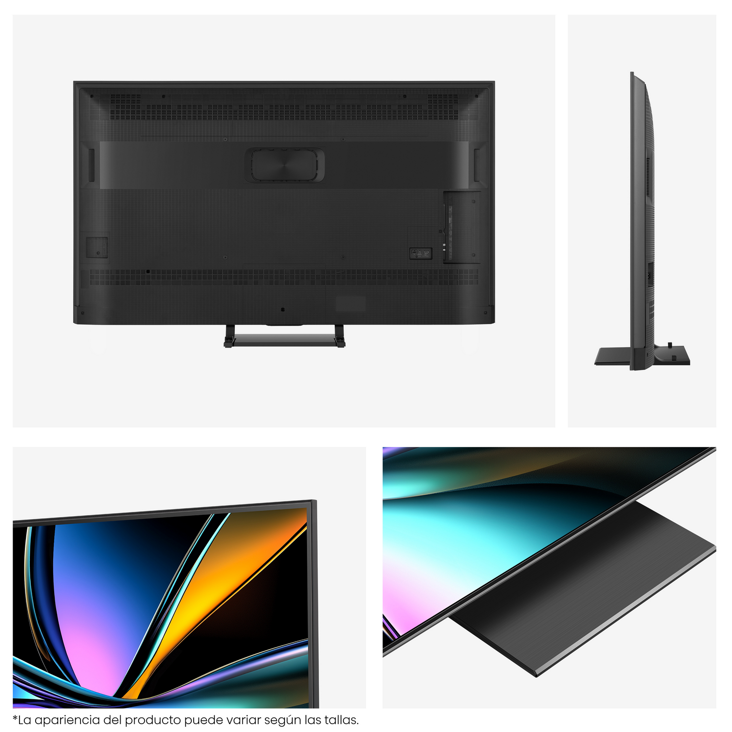 Cuatro vistas de un televisor negro. Vista trasera, vista lateral, primer plano de la pantalla con arte abstracto colorido y la base del televisor.