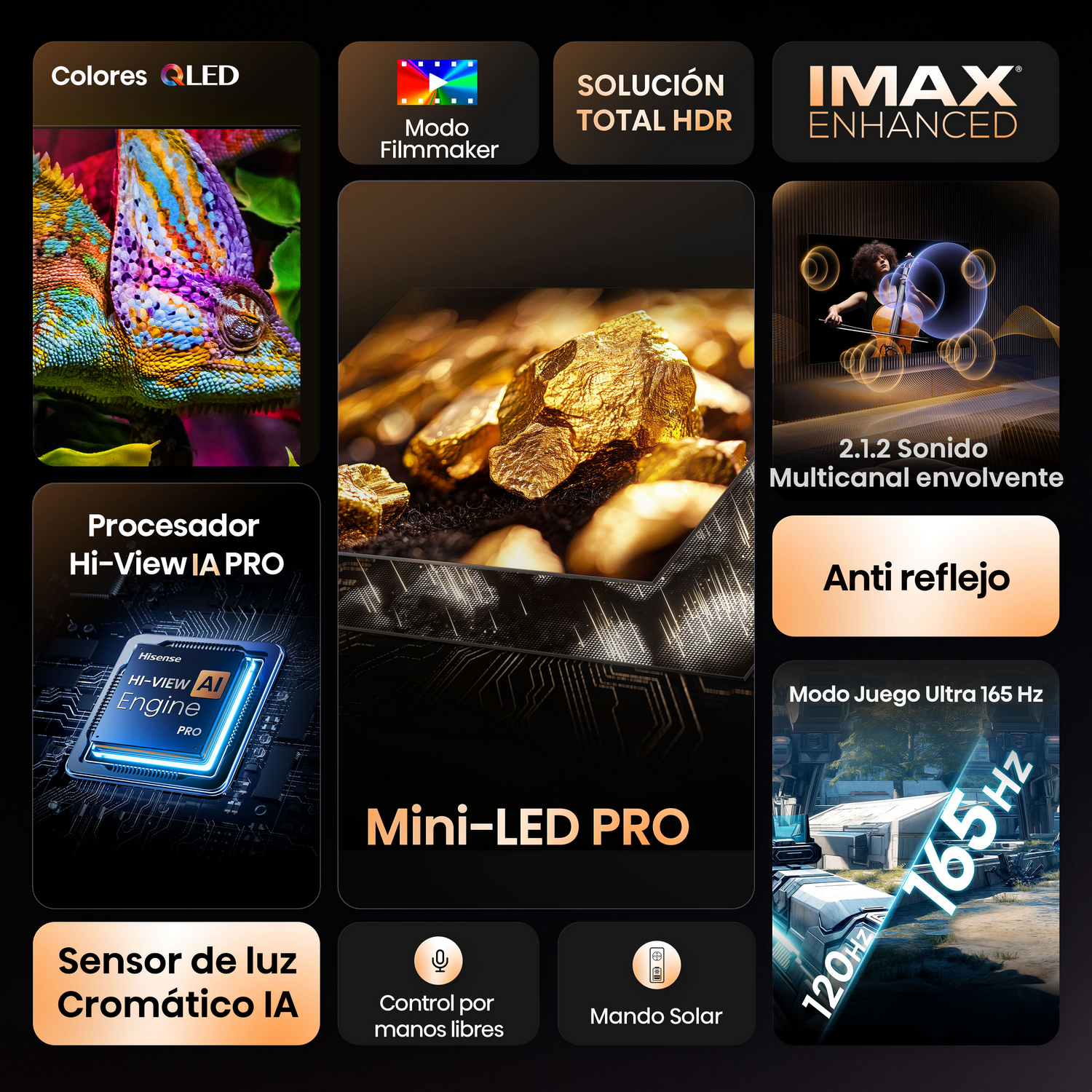 Una pantalla de TV con varias características como colores QLED, HDR, IMAX Enhanced y un modo de juego a 165 Hz. También tiene mini LED e IA.