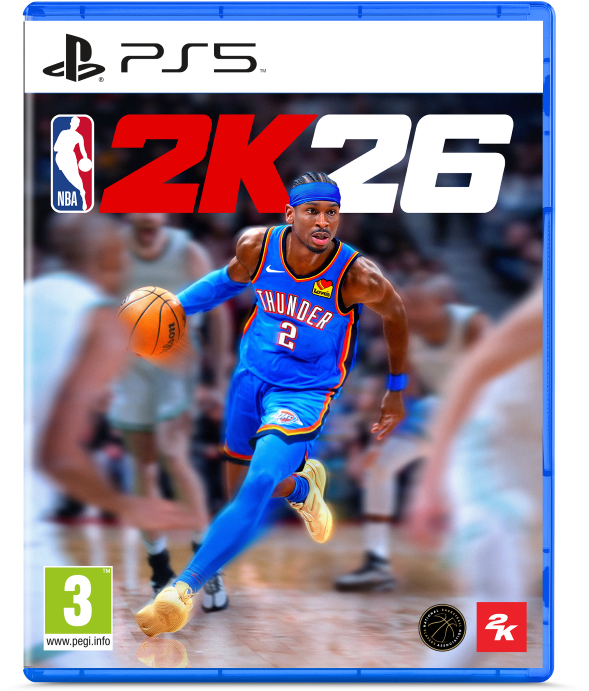 Okładka gry NBA 2K26 na PS5. Gracz w niebieskim stroju Thunder drybluje piłką do koszykówki. Widoczny tytuł i logo gry.