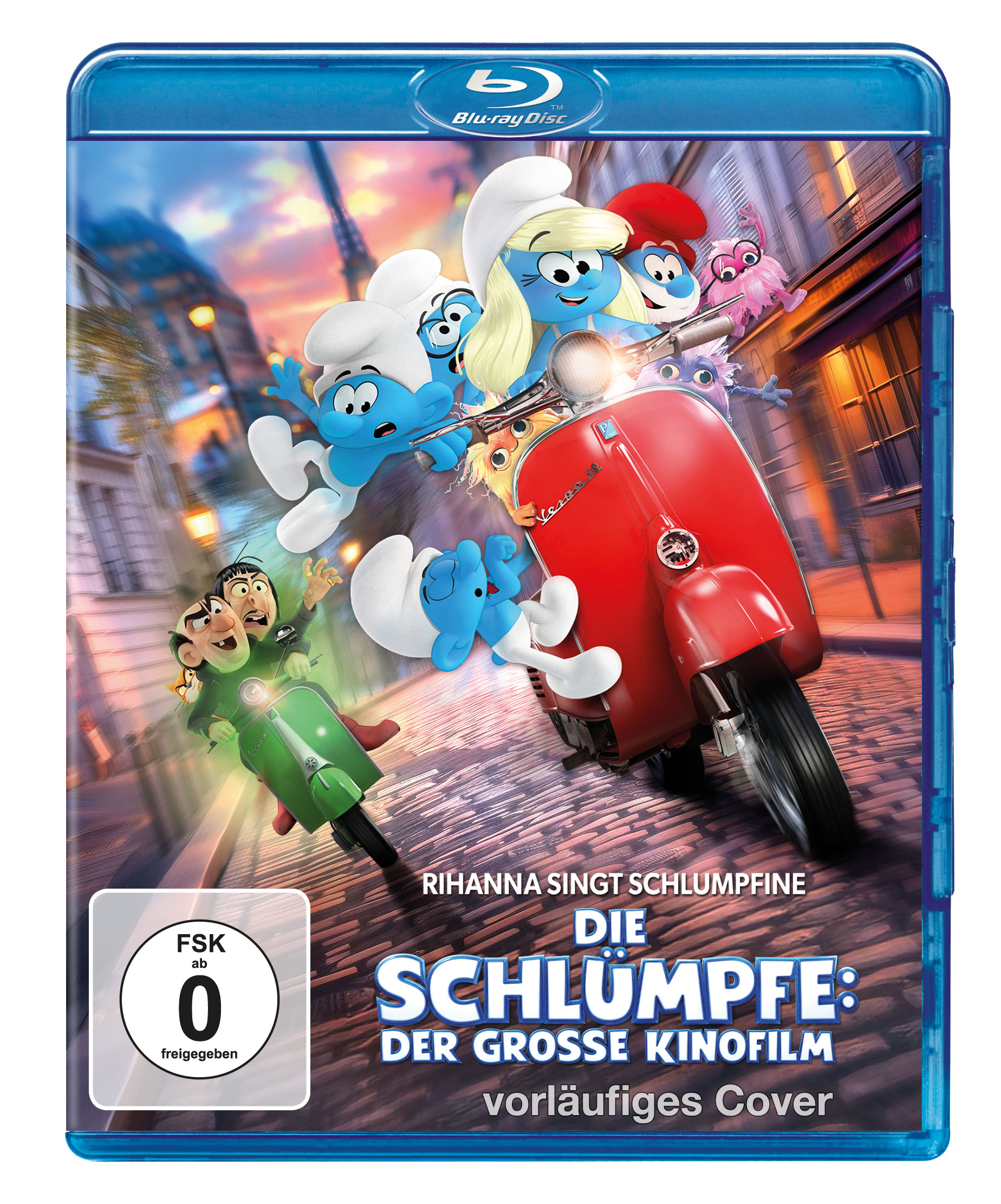 Schlümpfe auf rotem Vespa-Roller. Gargamel auf grünem Roller verfolgt sie. Blu-ray-Disc-Cover.
