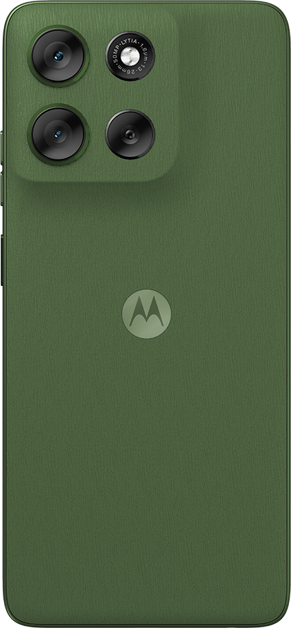 Egy zöld Motorola okostelefon. Három kamerával, logóval és texturált hátlappal rendelkezik. A kameralencsék feketék.