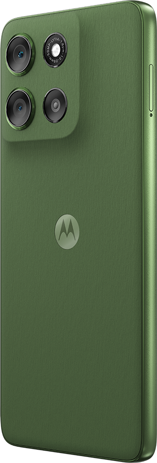 Zöld okostelefon hátlapja négy kamerával és Motorola logóval. A telefon texturált felülettel rendelkezik. Az oldalon gombok vannak.
