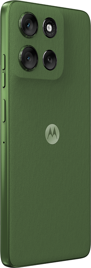 Egy zöld Motorola telefon négy lencsével. A Motorola logója látható a hátoldalon.