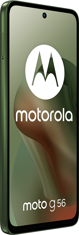 Zöld Motorola telefon fehér logóval. A képernyőn a Motorola logója és a 'moto g 56' látható. A telefon oldalra van döntve.