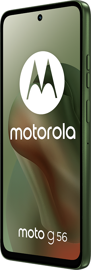 Egy zöld Motorola Moto G 56 okostelefon. A képernyőn a Motorola logója és a modell neve látható.