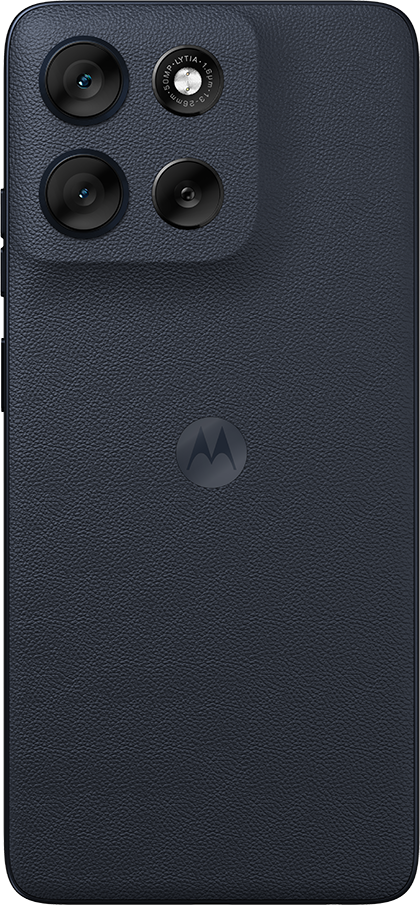 Sötétkék Motorola telefon hátlapja. Négy kamer lencse felül, Motorola logó középen. Textúrázott felület.