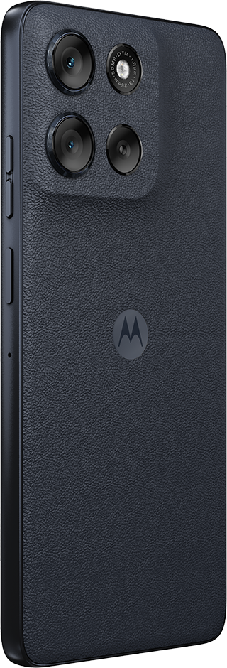 Sötétkék Motorola telefon hátlapja, négy kamerával, Motorola logóval és oldalsó gombokkal.