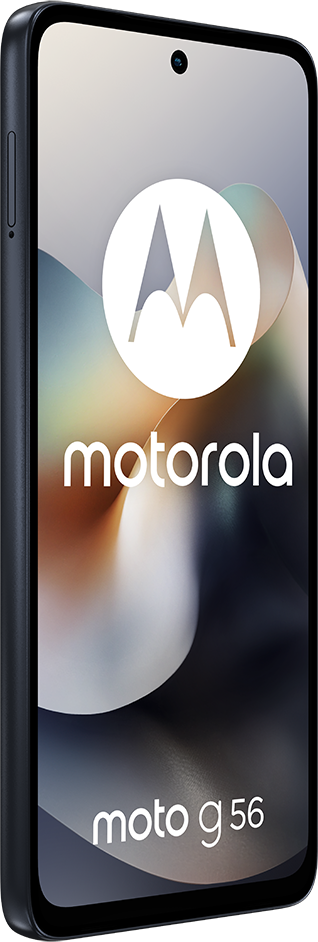 Egy Motorola Moto G 56 okostelefon látható. A telefon sötétkék, fehér Motorola logóval. A háttér absztrakt.