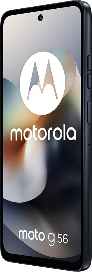 Egy Motorola Moto g 56 okostelefon, szögből. A képernyőn a Motorola logója és örvények láthatók. A telefon sötétkék.