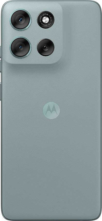 Teal színű okostelefon hátlapja, négy kamerával és Motorola logóval. A telefon hátulja texturált.