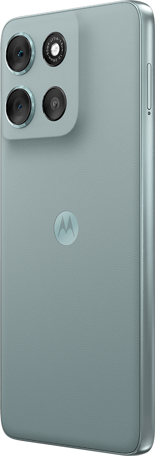 Kékzöld Motorola telefon hátulja. Több kamera, Motorola logó és oldalsó bekapcsológomb található.