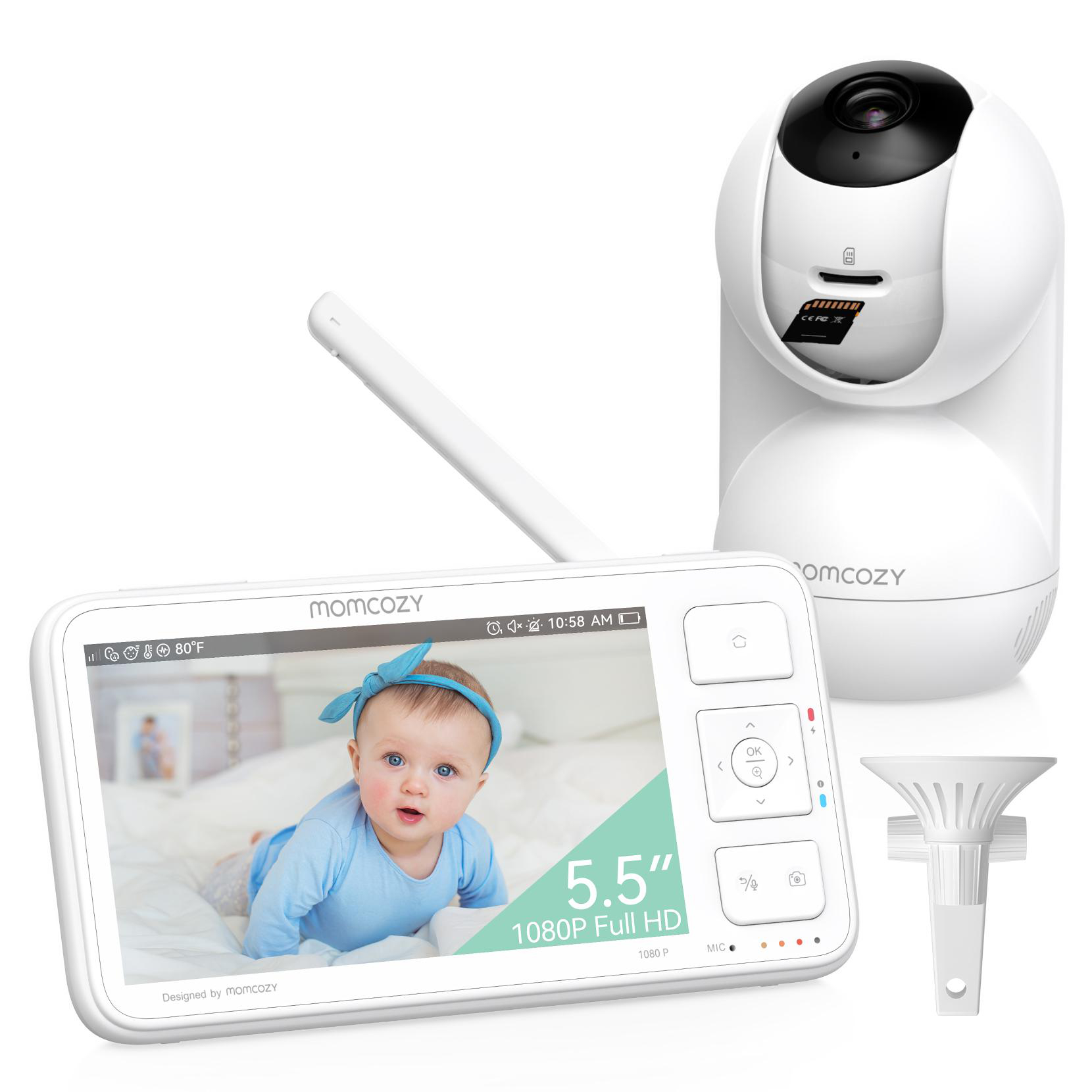 Ein Babyphone mit einem Bildschirm, der ein Baby, eine Kamera und einen Ständer zeigt. Der Monitor zeigt 5,5" 1080P Full HD.