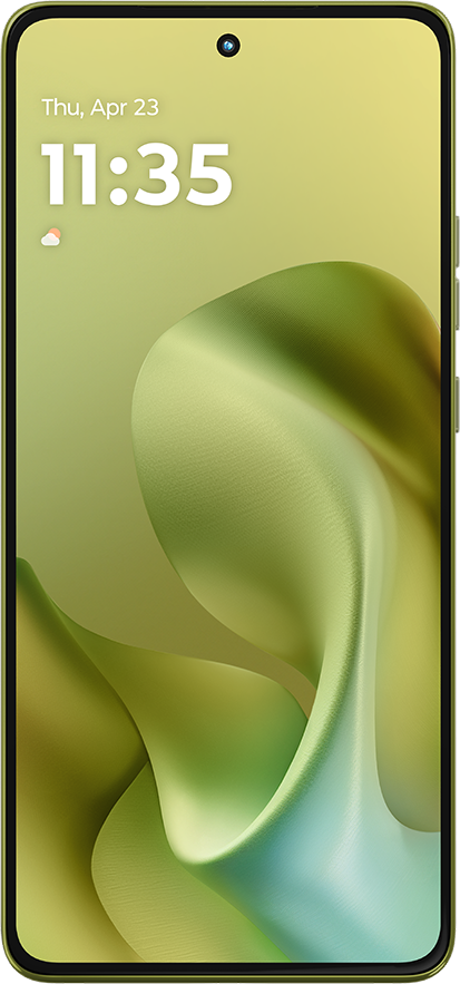 Okostelefon képernyőjén idő, dátum és zöld absztrakt design látható. A telefon világoszöld.