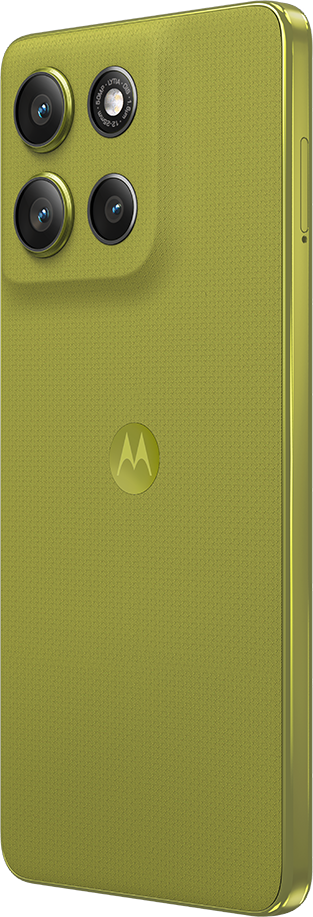 Egy zöld Motorola telefon hátulról látható. Négy kamerája és Motorola logója van.